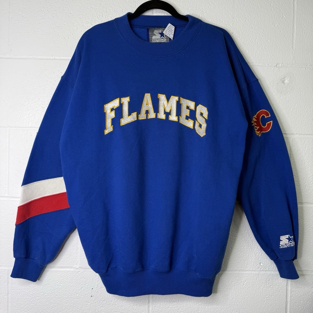 Vintage 90s Calgary Flames NHL Hockey Starter Crewneck Sz M Blue Retro
